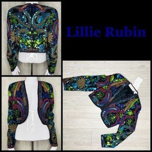 Vintage 1980 sequin Lillie Rubin beaded elegant silk cardigan Bolero Jacket 10